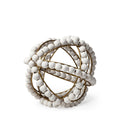9" White And Gold Wooden Bead And Metal Orb Sculpture on a white background