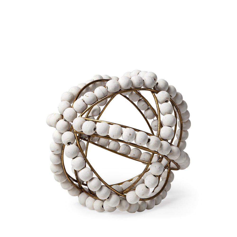 9" White And Gold Wooden Bead And Metal Orb Sculpture