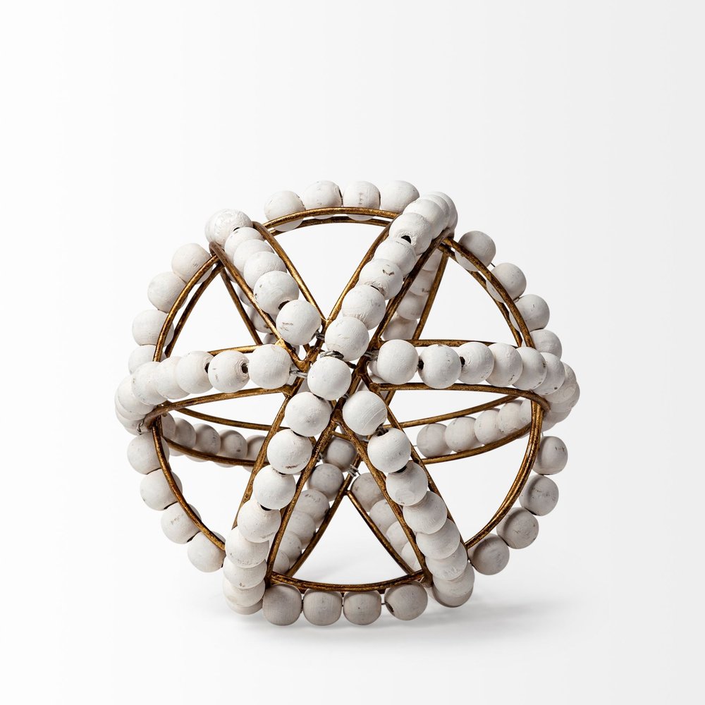 9" White And Gold Wooden Bead And Metal Orb Sculpture