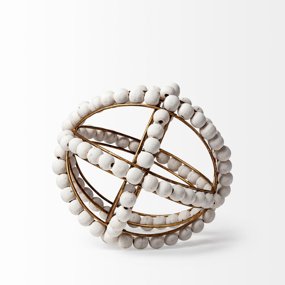 9" White And Gold Wooden Bead And Metal Orb Sculpture