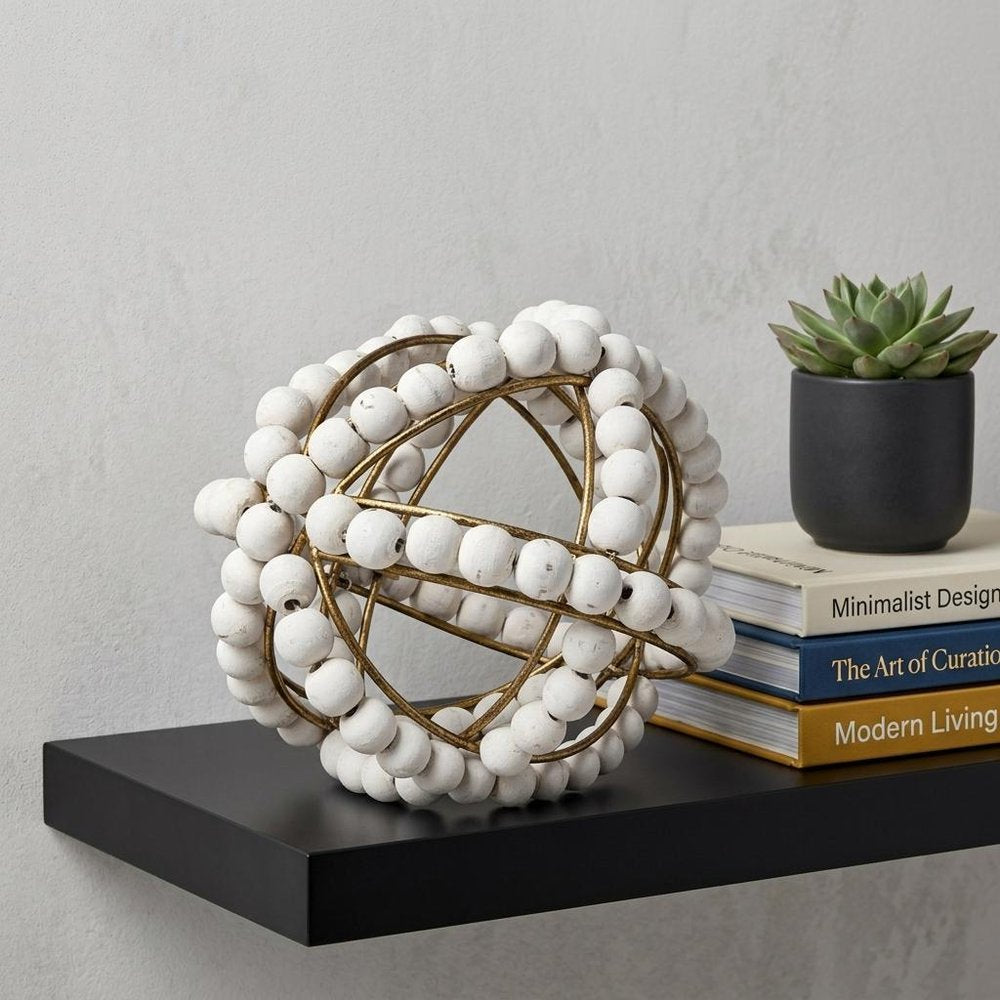 9" White And Gold Wooden Bead And Metal Orb Sculpture