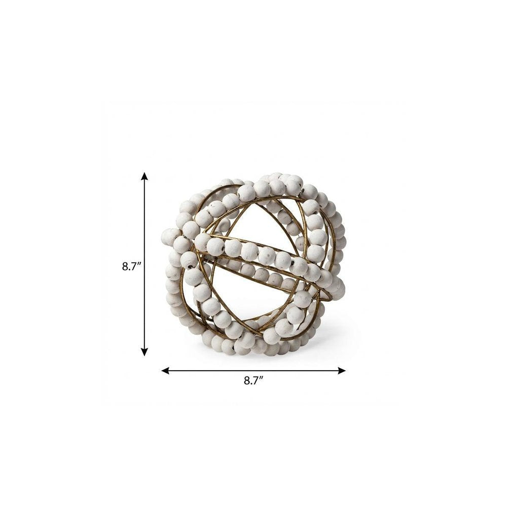 9" White And Gold Wooden Bead And Metal Orb Sculpture