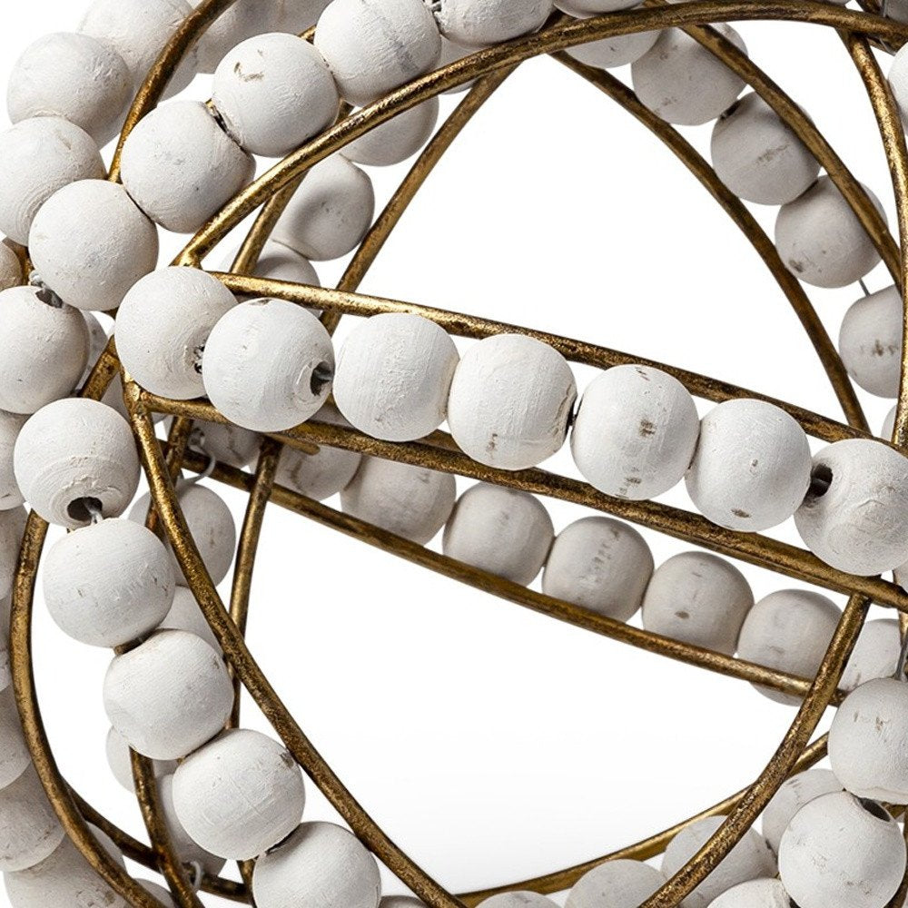 9" White And Gold Wooden Bead And Metal Orb Sculpture