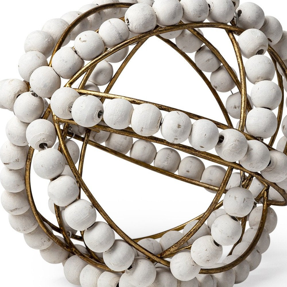 9" White And Gold Wooden Bead And Metal Orb Sculpture