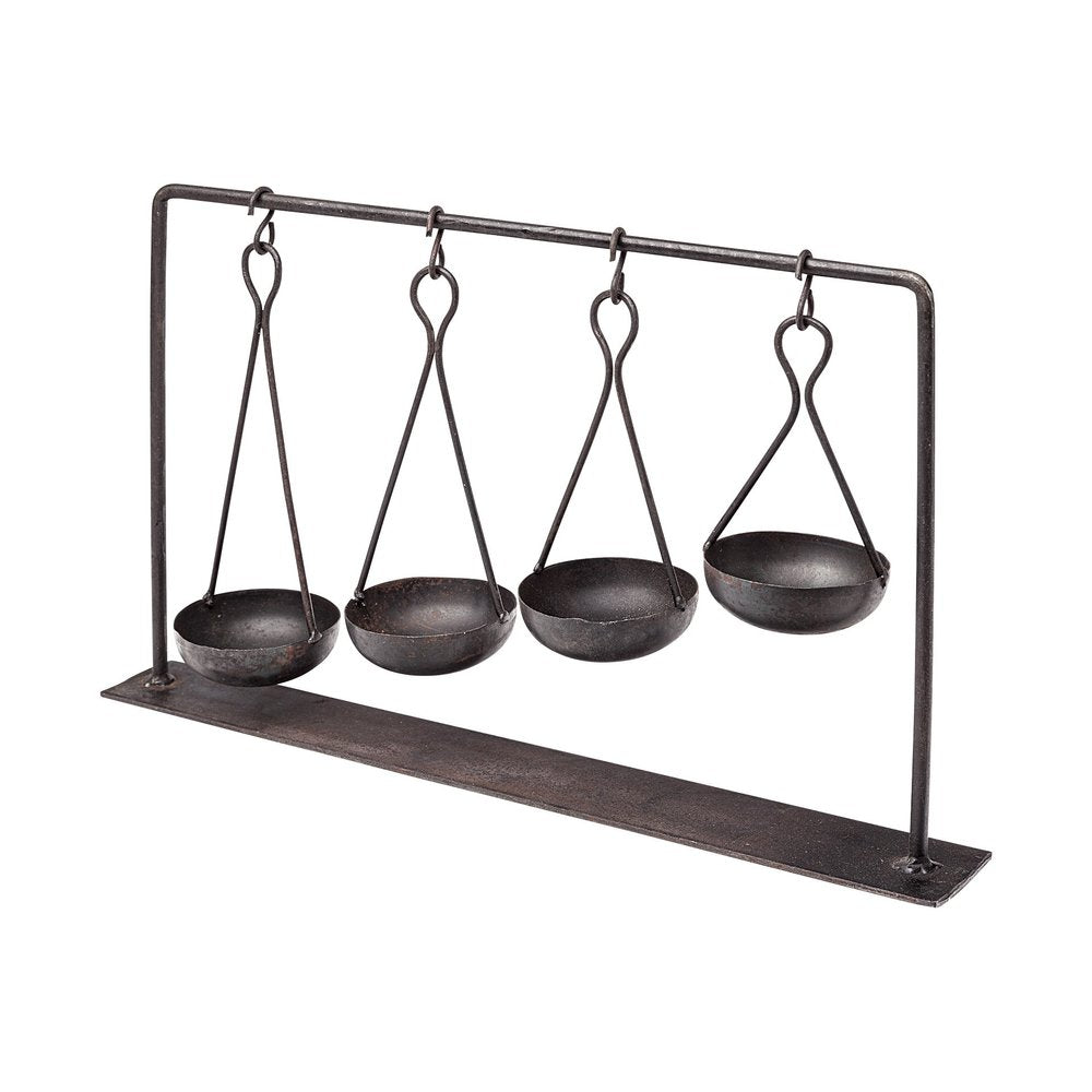 19" Charcoal Metal Vintage Spice Rack Tabletop Sculpture. Sculpture isolated on a plain white background, finished in charcoal metal.