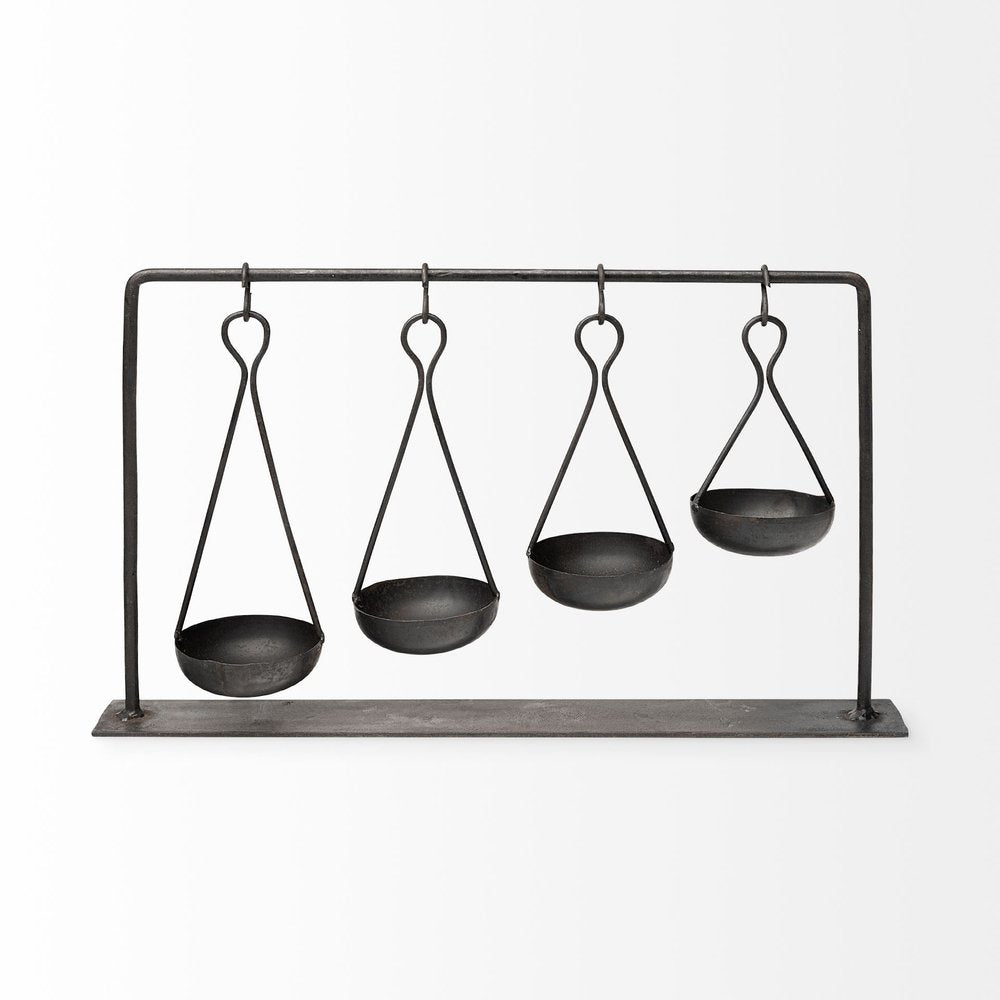 19" Charcoal Metal Vintage Spice Rack Tabletop Sculpture. Sculpture isolated on a plain white background, in a charcoal metal finish.
