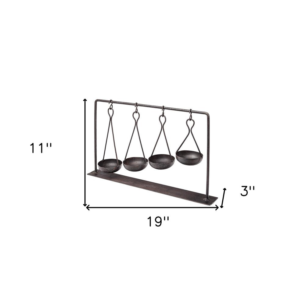 19" Charcoal Metal Vintage Spice Rack Tabletop Sculpture. Sculpture isolated on a plain white background, finished in charcoal metal.