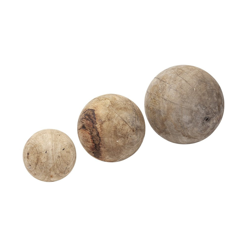 Set of Three 5" Brown Solid Wood Decorative Orb