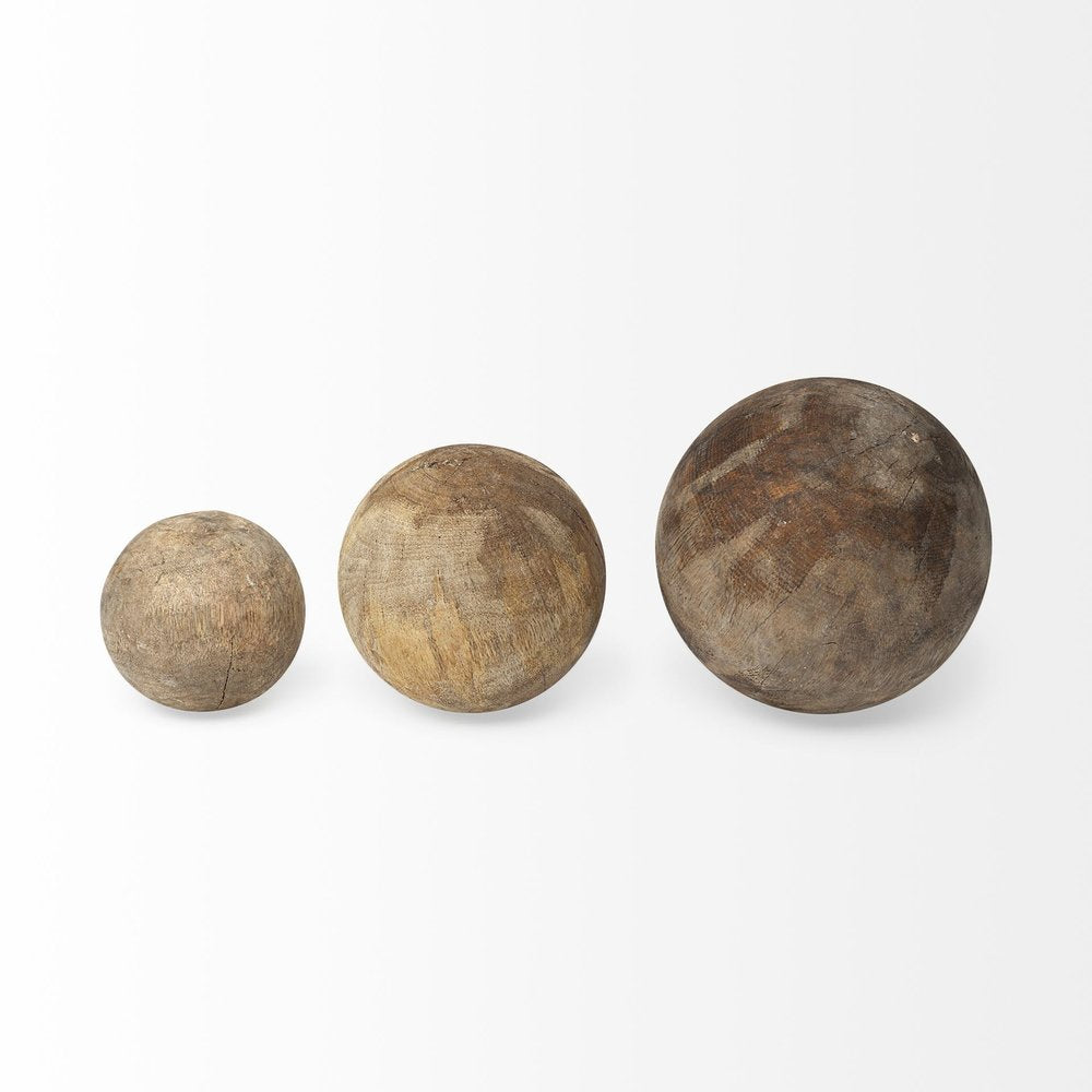 Set of Three 5" Brown Solid Wood Decorative Orb