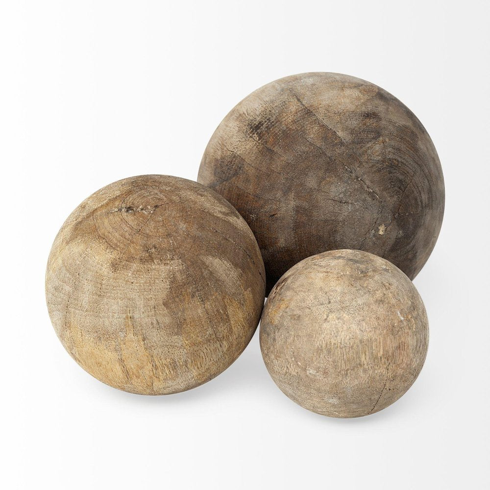 Set of Three 5" Brown Solid Wood Decorative Orb