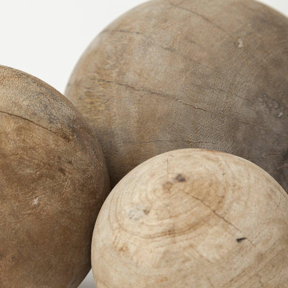 Set of Three 5" Brown Solid Wood Decorative Orb