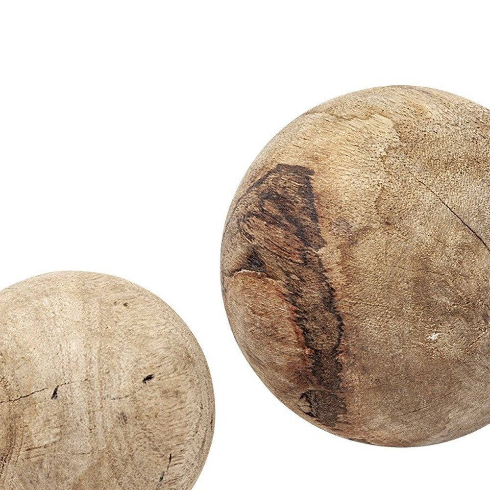 Set of Three 5" Brown Solid Wood Decorative Orb on a white background