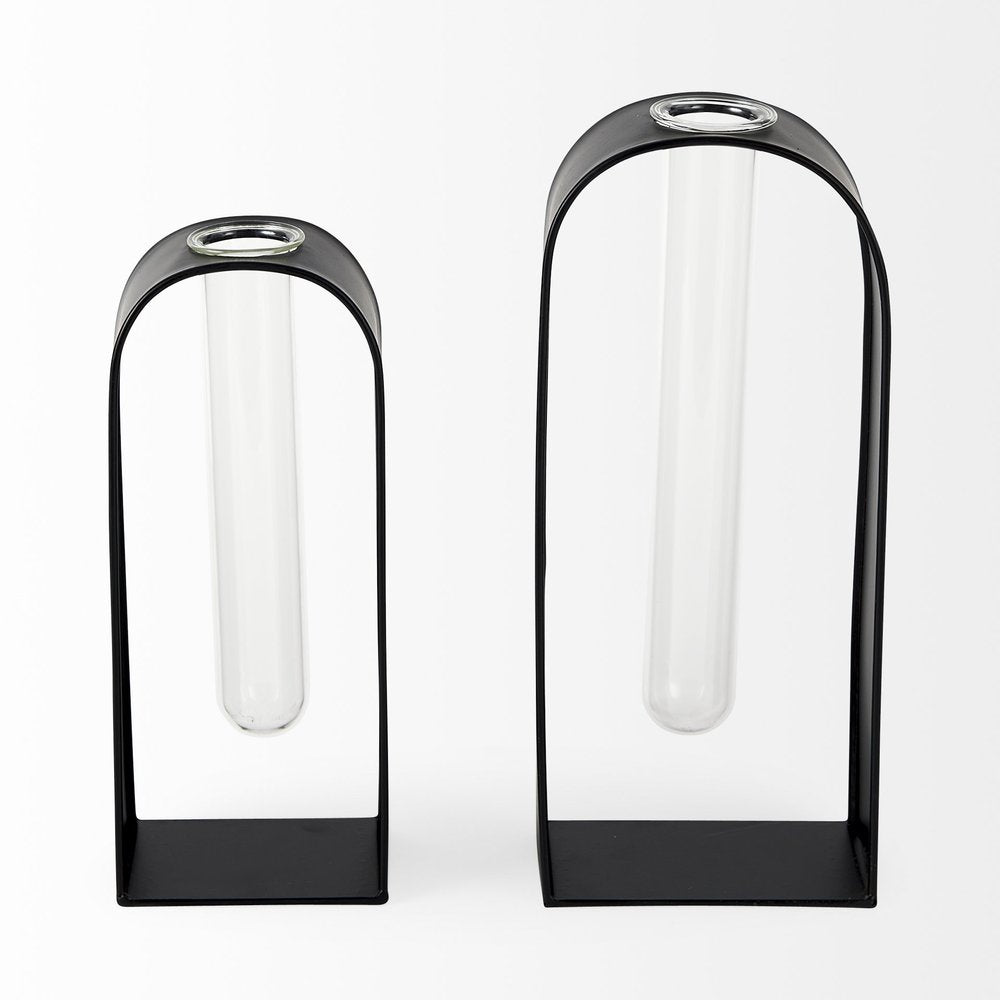 Set Of Two Black Metal Test Tube Decor Pieces on a white background