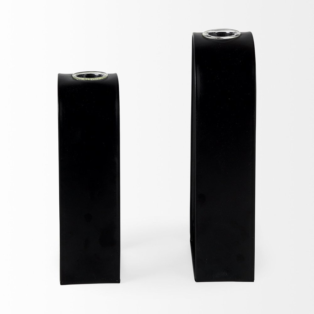 Set Of Two Black Metal Test Tube Decor Pieces on a white background