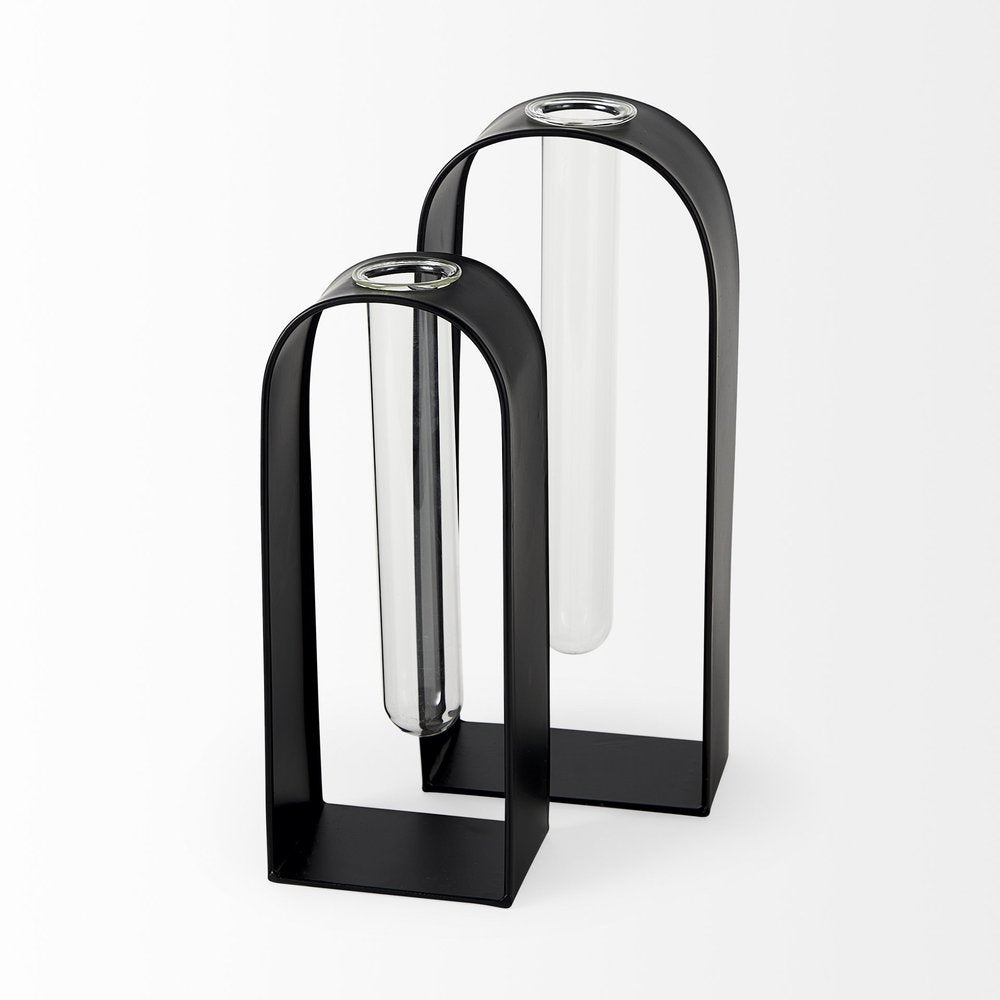 Set Of Two Black Metal Test Tube Decor Pieces on a white background