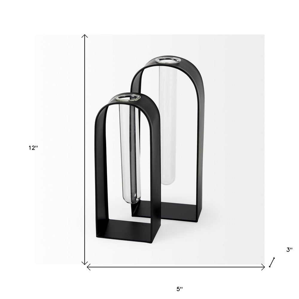 Set Of Two Black Metal Test Tube Decor Pieces on a white background