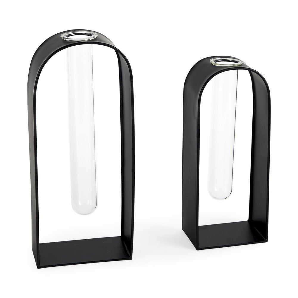 Set Of Two Black Metal Test Tube Decor Pieces on a white background