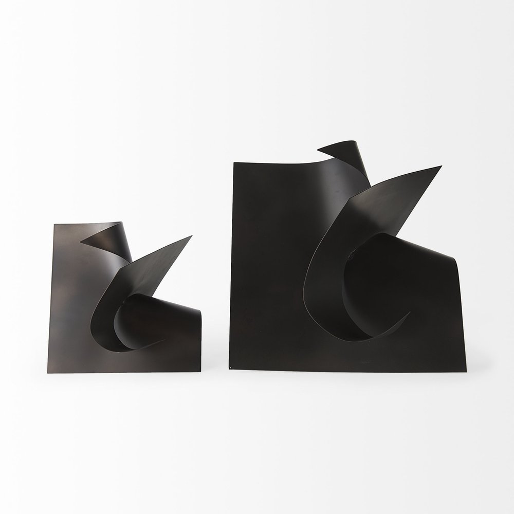 12" Contempo Antiqued Black Abstract Sculpture. Sculpture isolated on a plain white background, showing its black color.