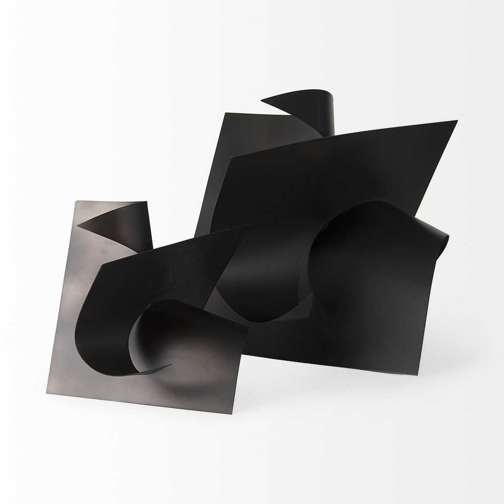 12" Contempo Antiqued Black Abstract Sculpture. Sculpture isolated on a plain white background, in a black finish.