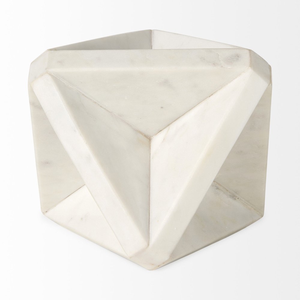White Marble Geometric Square Sculpture on a white background