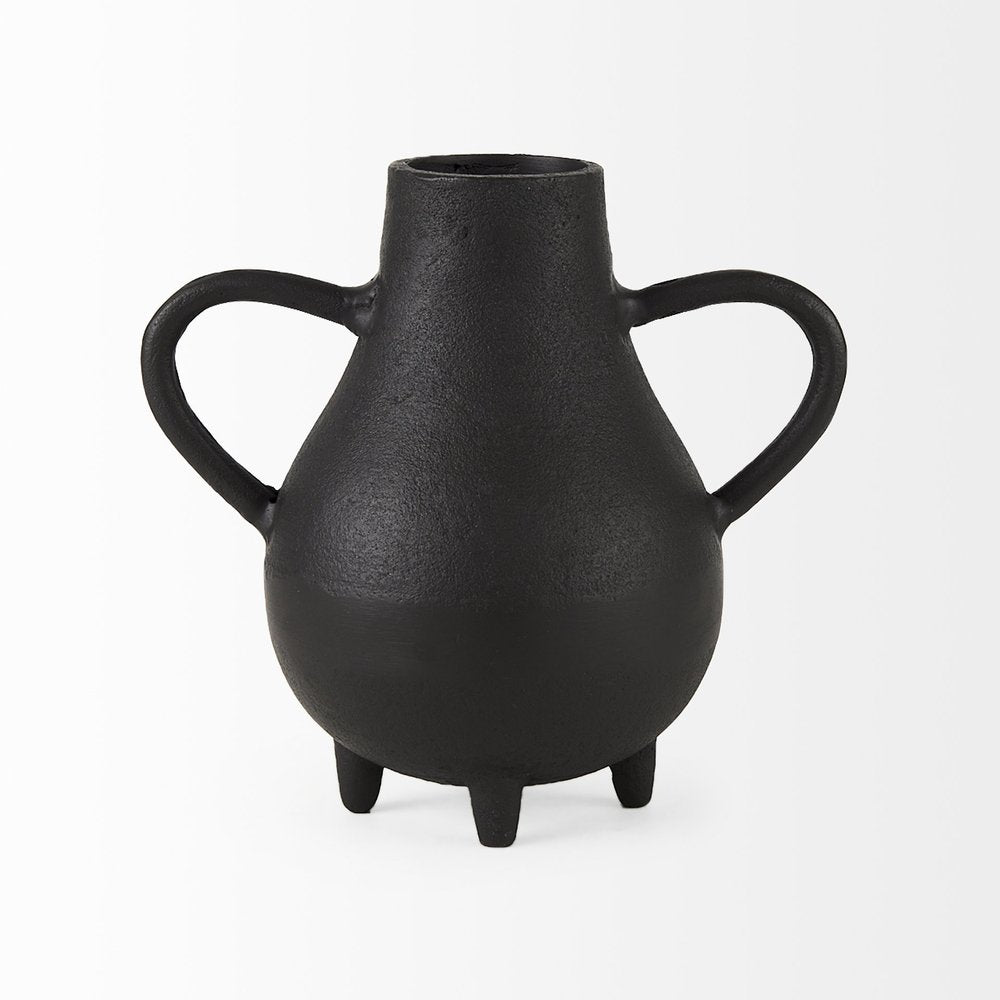 8" Black Two Handle Ceramic Jug Vase on a white background