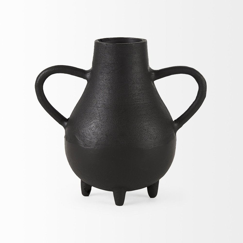 8" Black Two Handle Ceramic Jug Vase on a white background