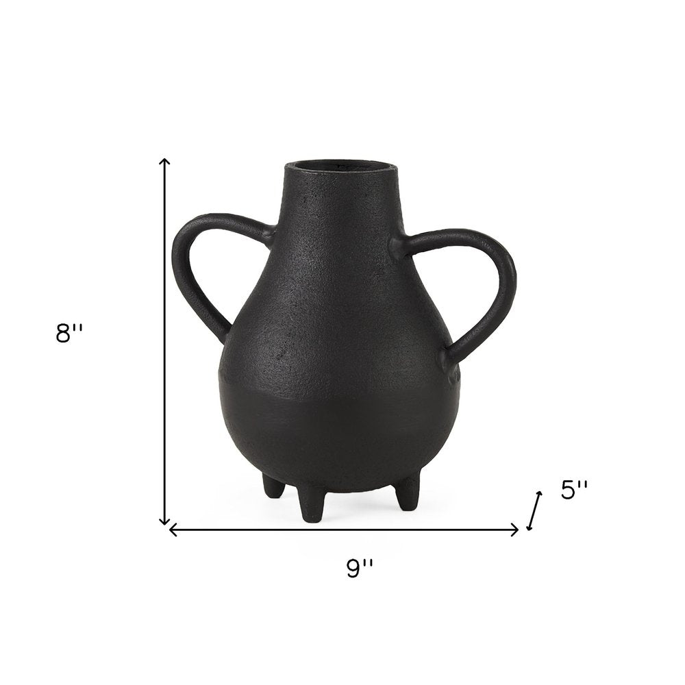 8" Black Two Handle Ceramic Jug Vase on a white background