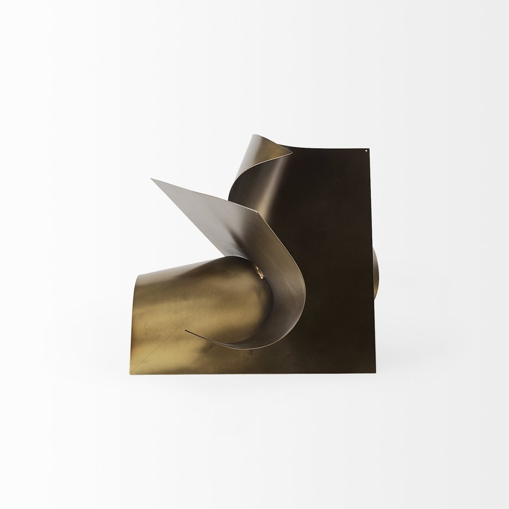 12" Contempo Antiqued Gold Abstract Sculpture. Sculpture isolated on a plain white background, showing its gold color.