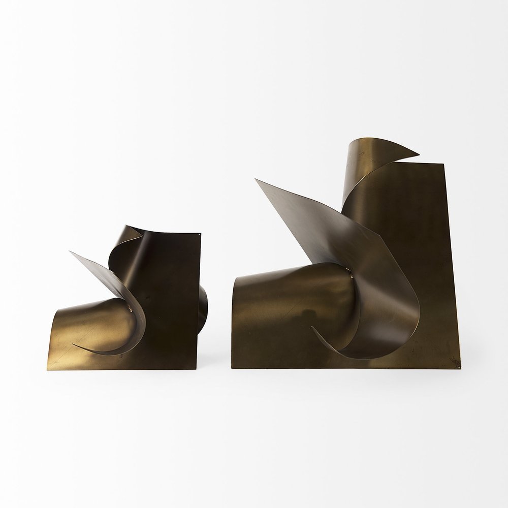 12" Contempo Antiqued Gold Abstract Sculpture. Sculpture isolated on a plain white background, showing its gold color.