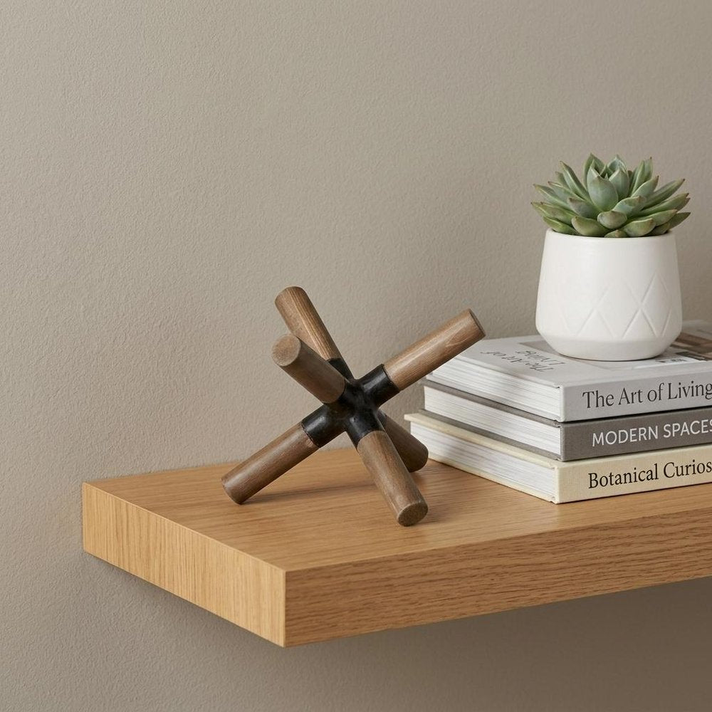 5" Brown Metal And Wood Modern Abstract Tabletop Sculpture