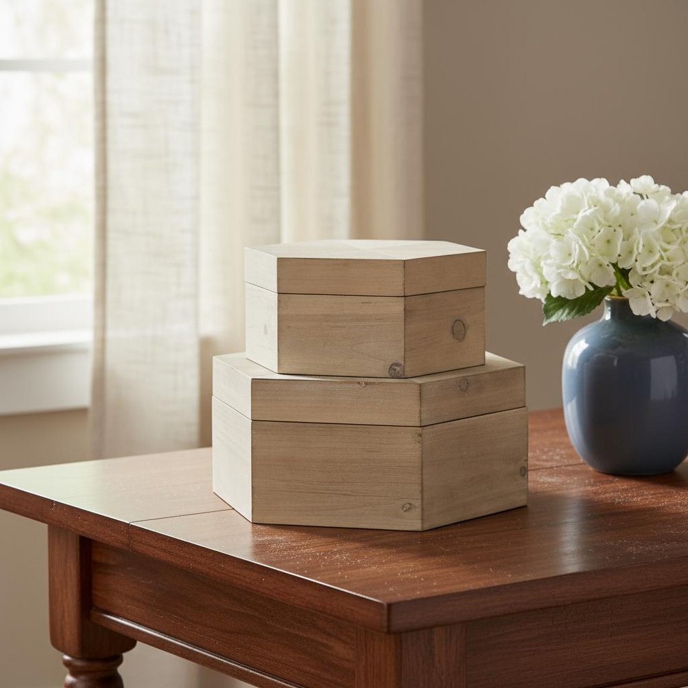 Set of Two Natural Solid Wood Box With Lid in a home interior