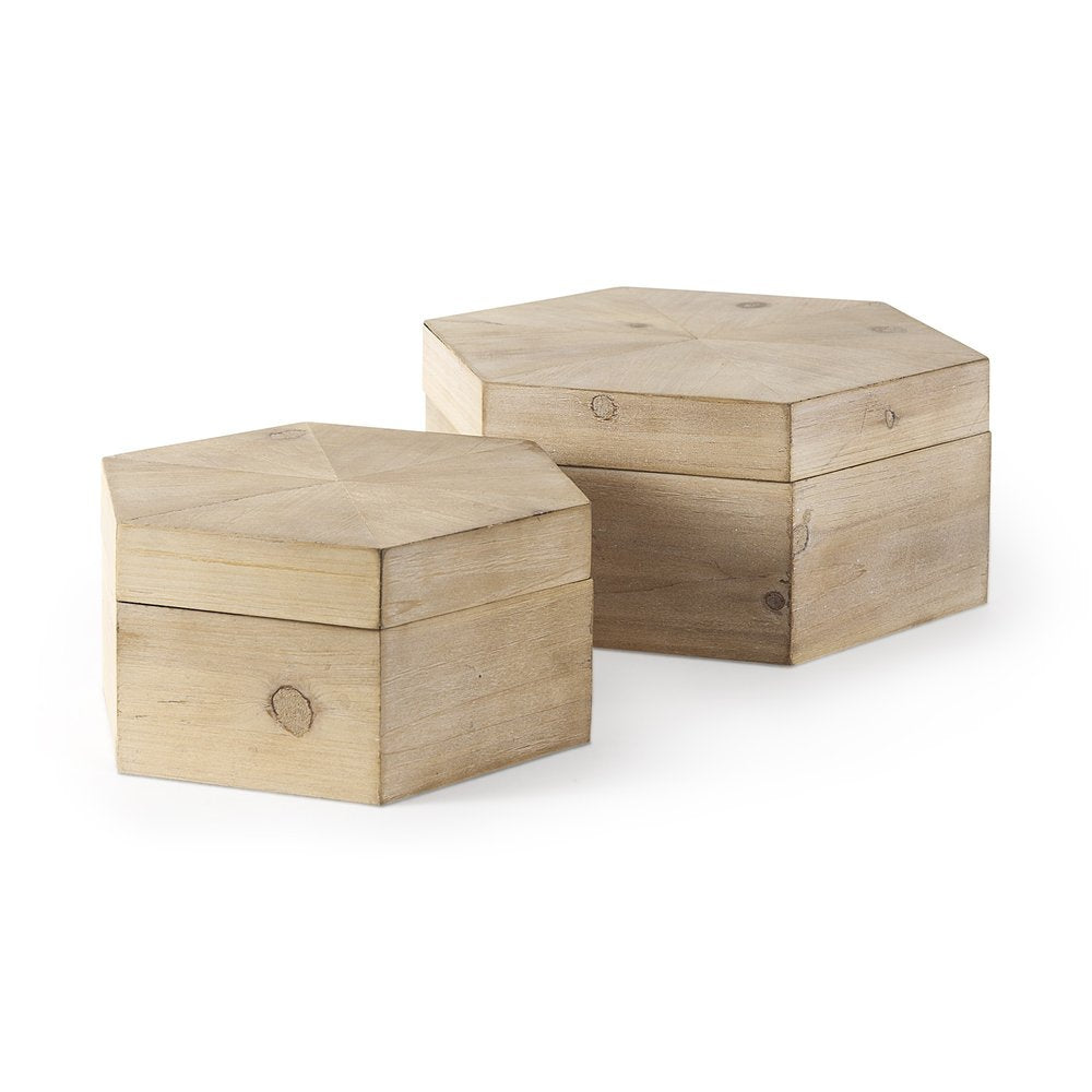 Set of Two Natural Solid Wood Box With Lid on a white background