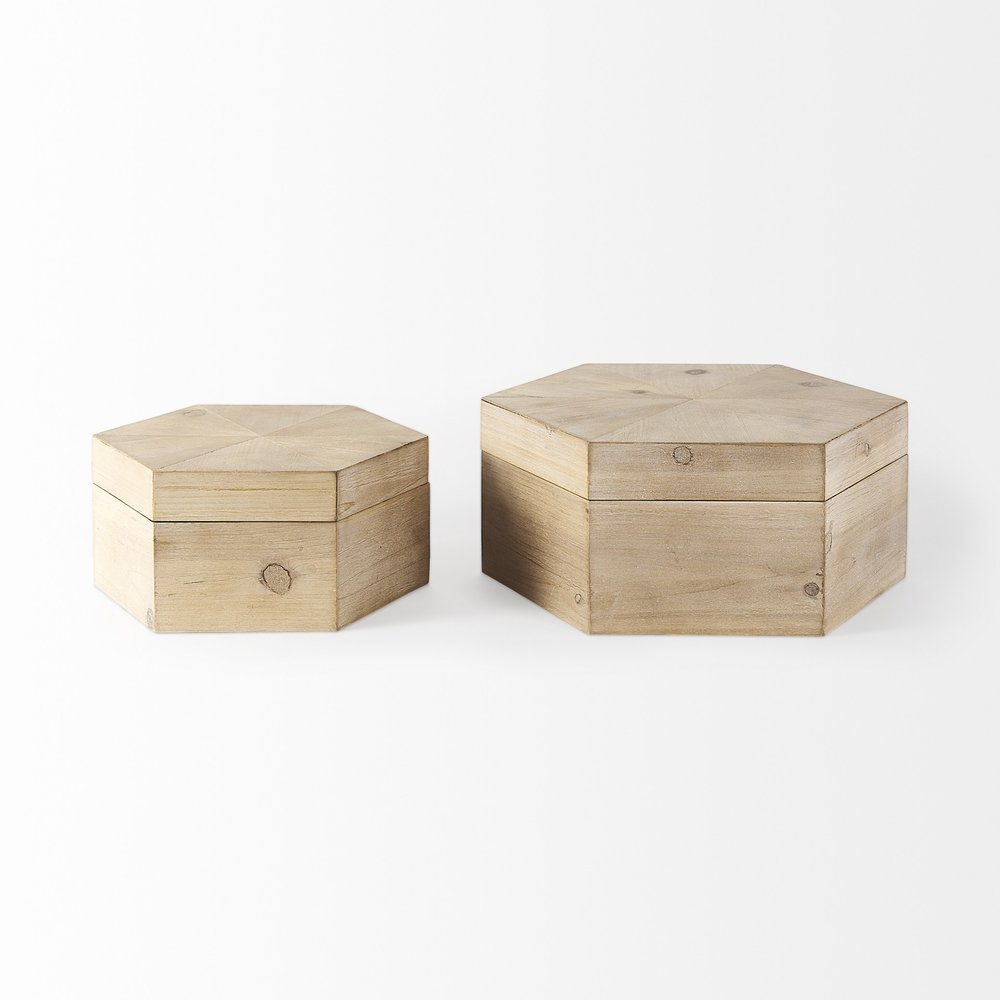 Set of Two Natural Solid Wood Box With Lid on a white background