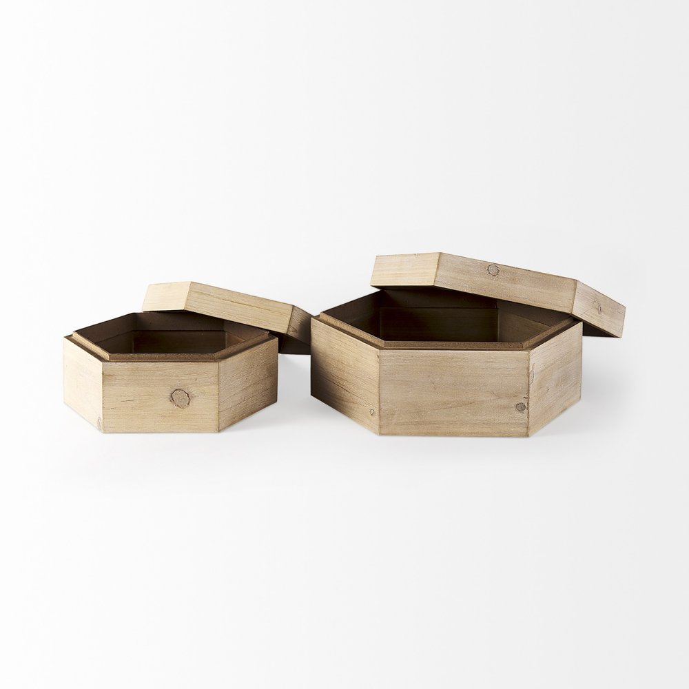 Set of Two Natural Solid Wood Box With Lid on a white background