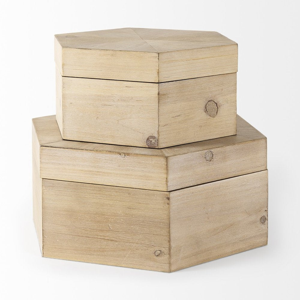 Set of Two Natural Solid Wood Box With Lid on a white background