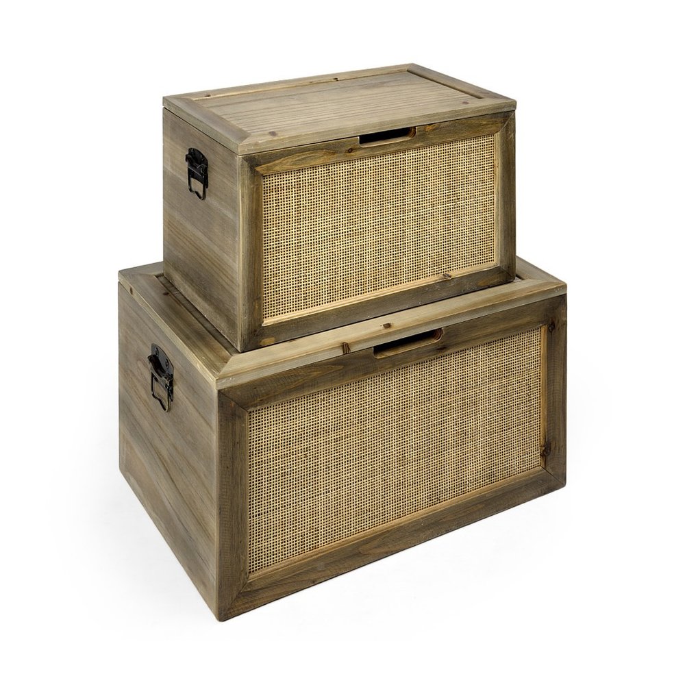 Set of Two Brown And Natural Cane And Solid Wood Box With Lid on a white background