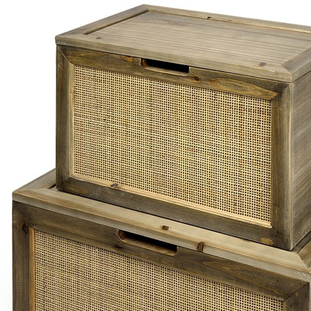 Set of Two Brown And Natural Cane And Solid Wood Box With Lid close-up detail