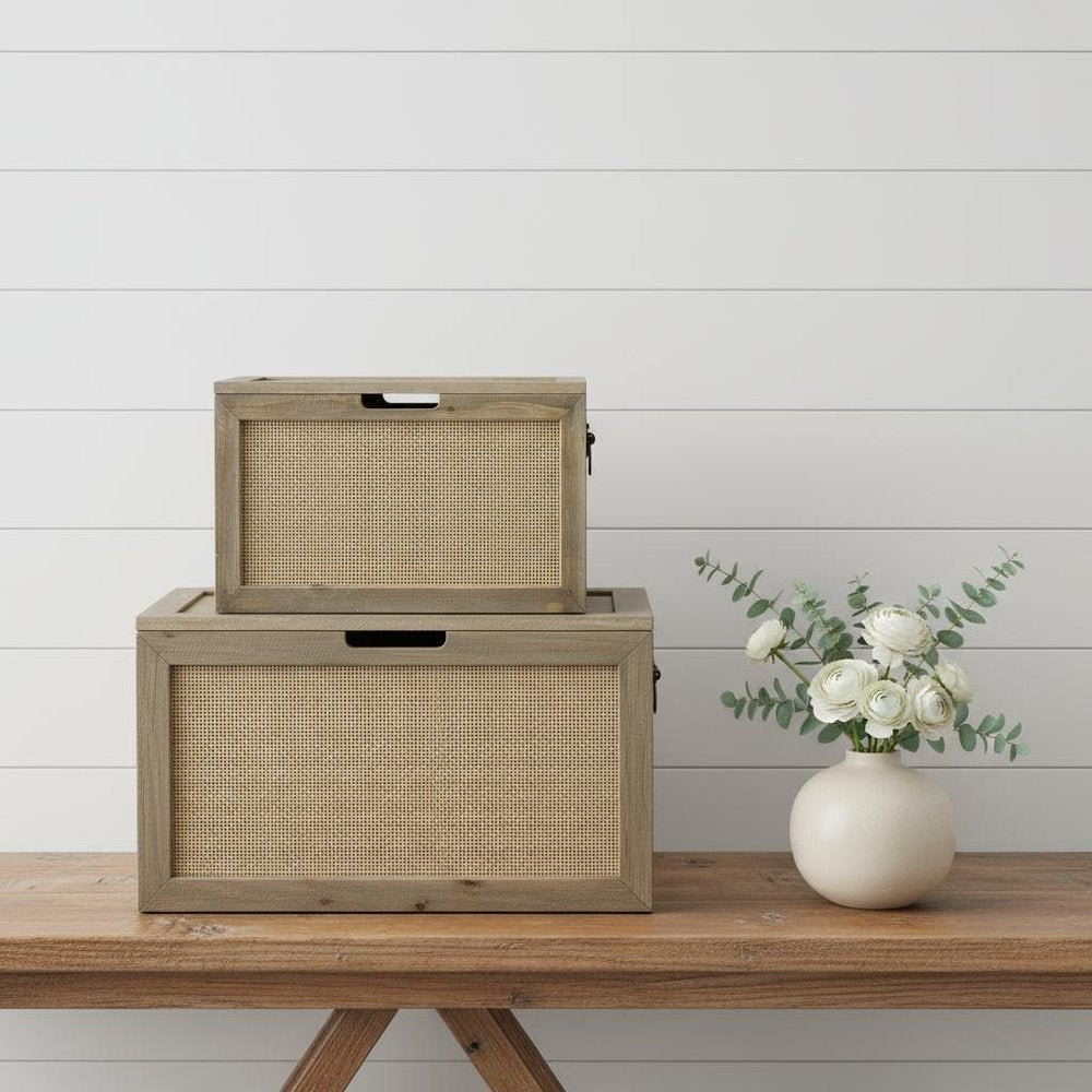 Set of Two Brown And Natural Cane And Solid Wood Box With Lid in a home interior