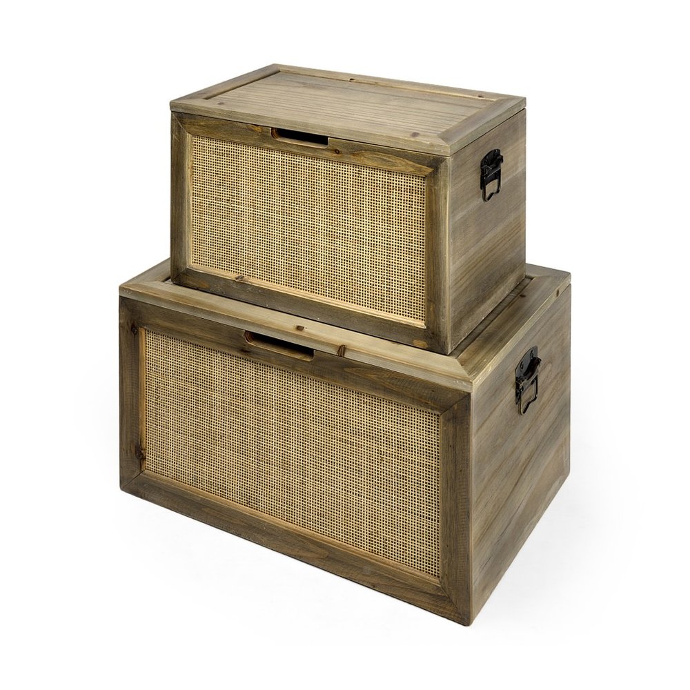 Two stacked wooden storage boxes with natural cane fronts and metal latches on a white background.
