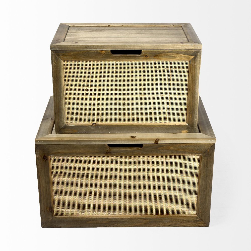 Set of Two Brown And Natural Cane And Solid Wood Box With Lid on a white background