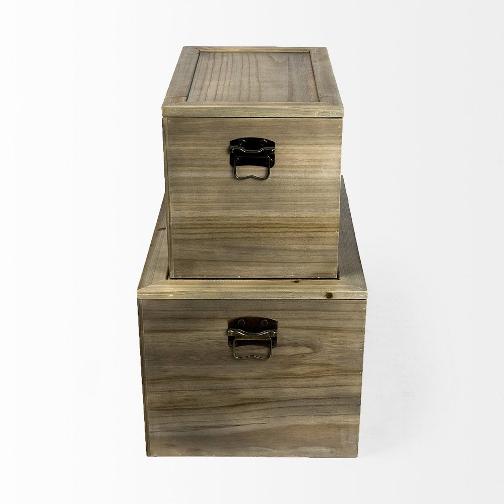 Set of Two Brown And Natural Cane And Solid Wood Box With Lid on a white background