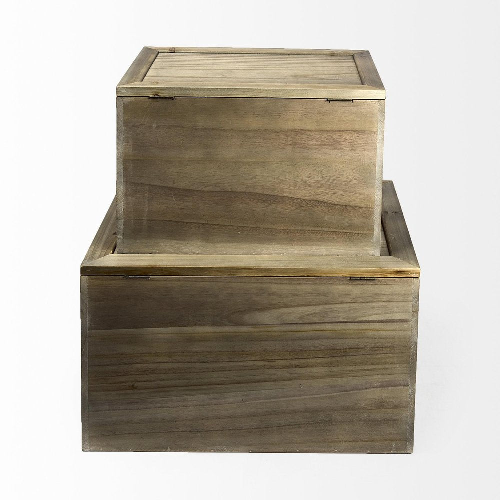 Set of Two Brown And Natural Cane And Solid Wood Box With Lid on a white background