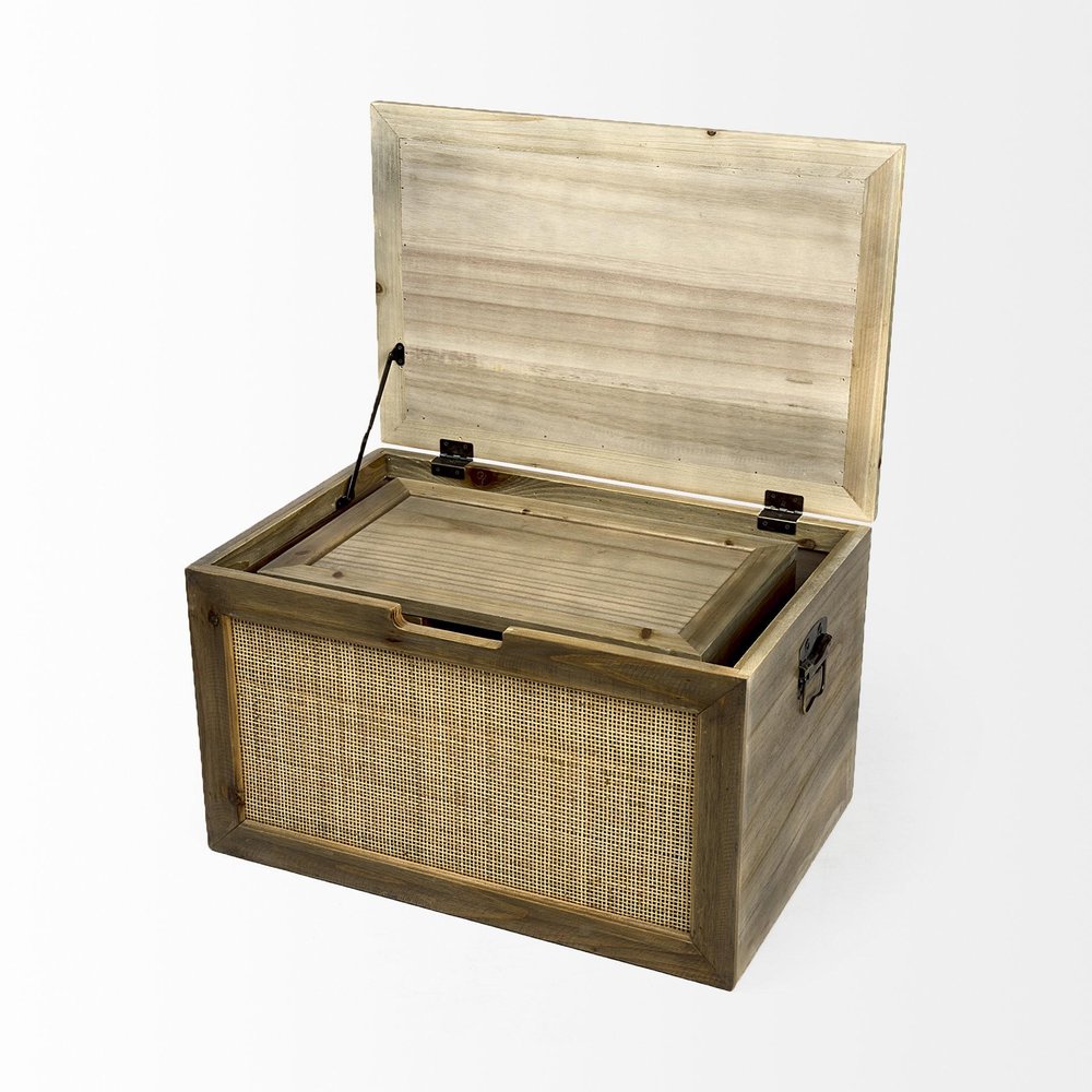 Set of Two Brown And Natural Cane And Solid Wood Box With Lid