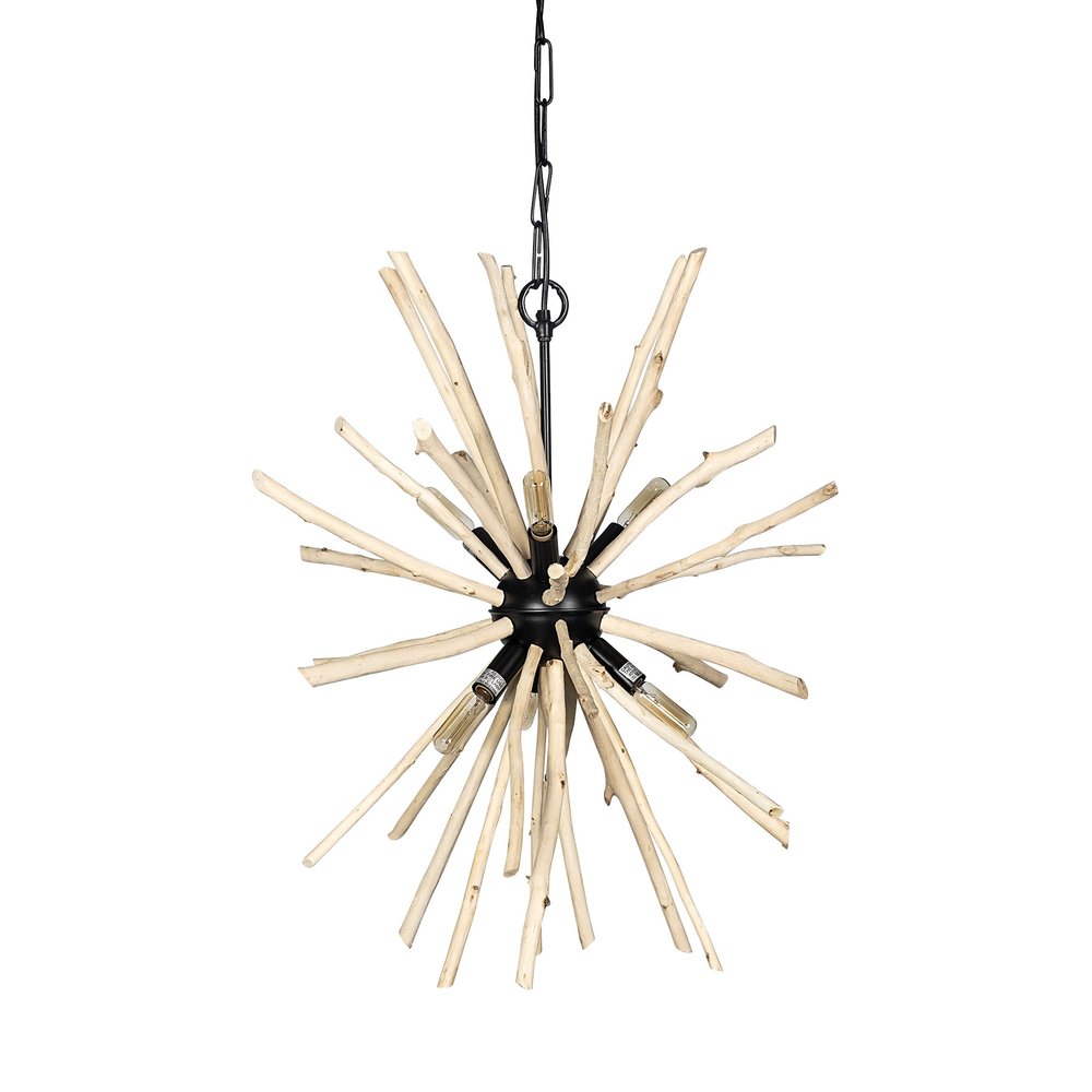 Wood And Metal Starburst Six Bulb Hanging Light on a white background