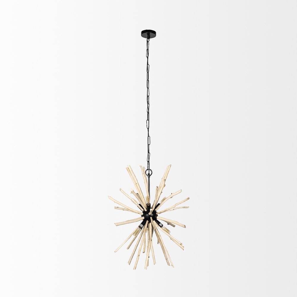 Wood And Metal Starburst Six Bulb Hanging Light on a white background