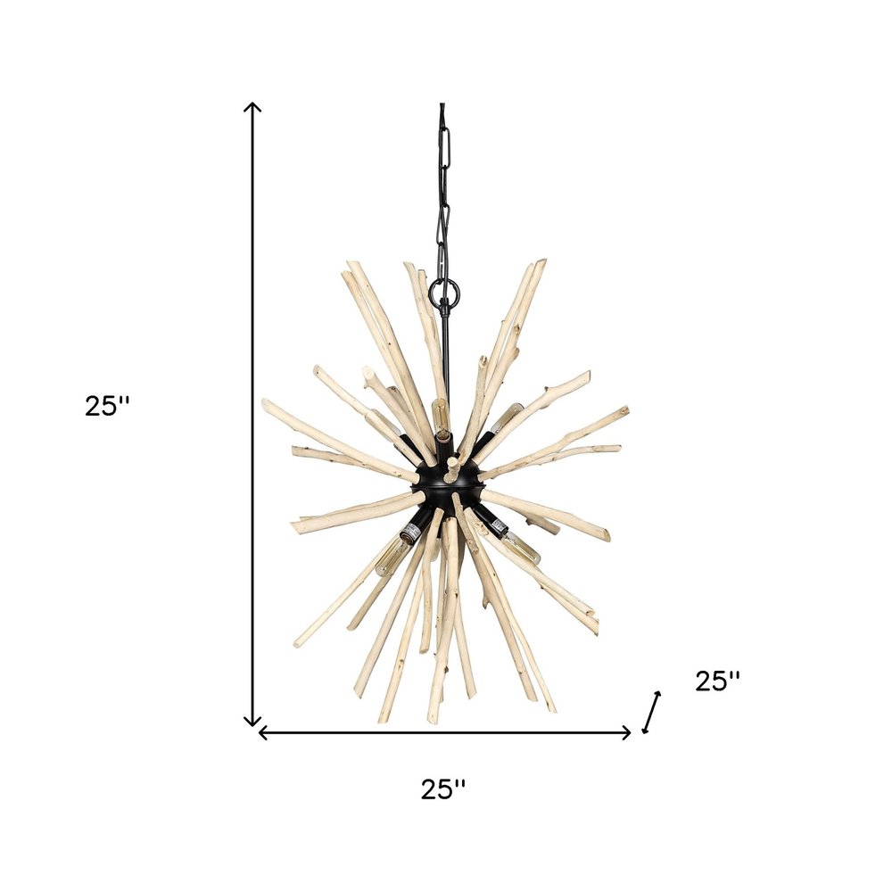Wood And Metal Starburst Six Bulb Hanging Light on a white background