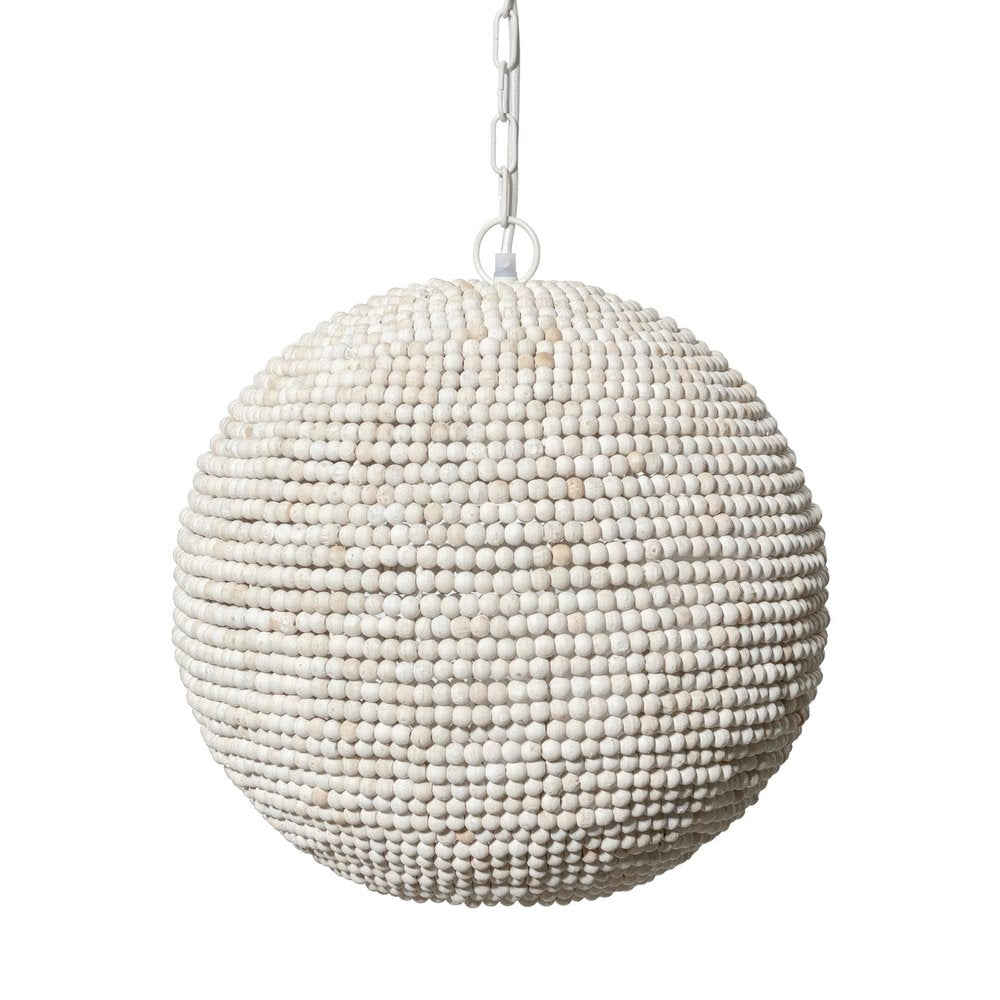 Whitewash beaded ball pendant light hanging from a white chain against a white background.