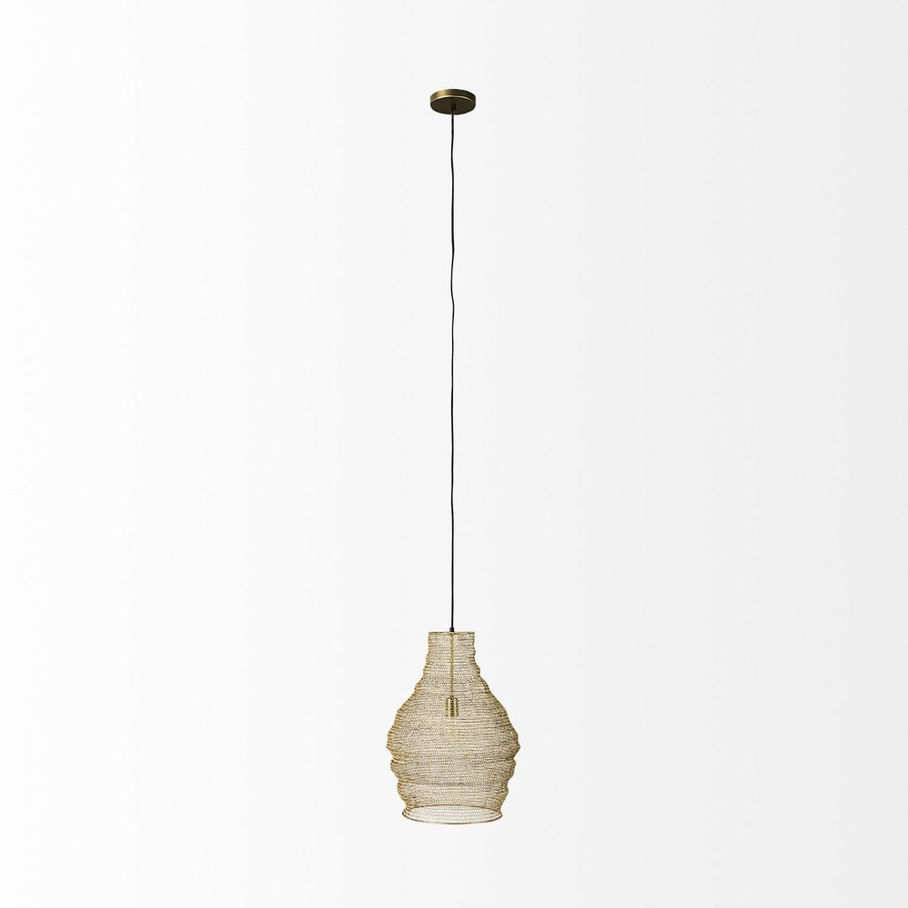 Gold Metal Wire Mesh Hanging Pendant Light on a white background