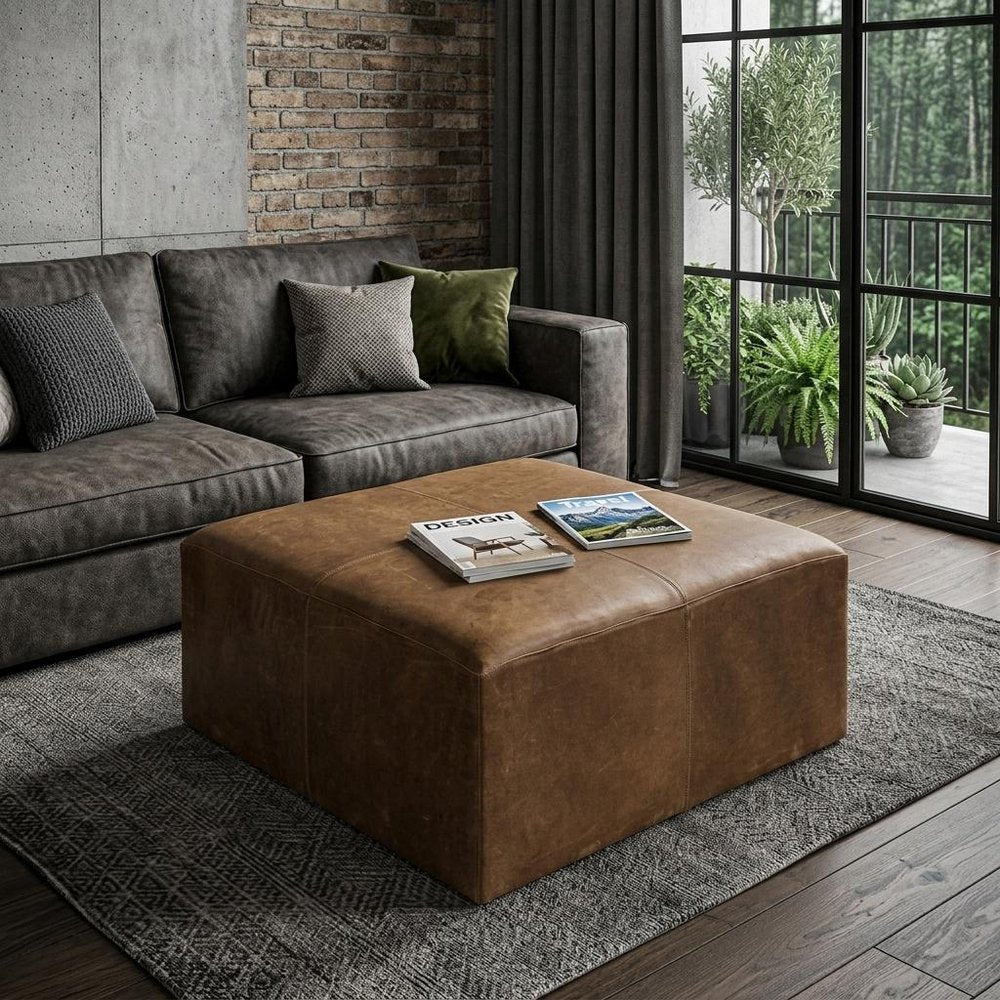 36" Brown Genuine Leather Cube Ottoman styled in a furnished interior with a gray wall on a tiled floor.