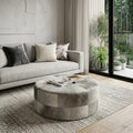 36" Gray Wool And Brown Footstool Ottoman